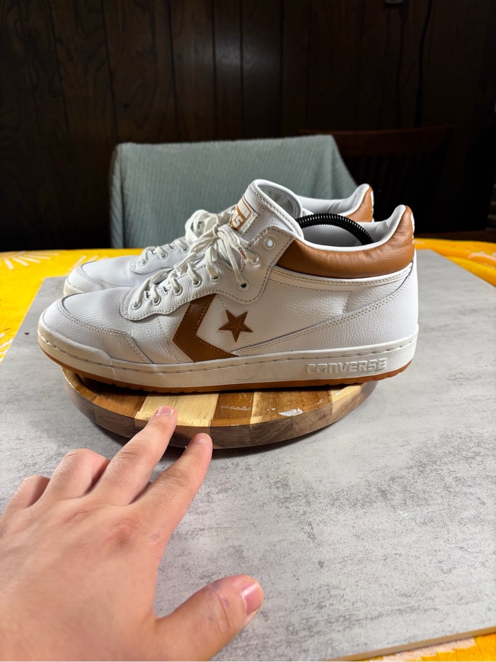 Converse Mid-Top Sneakers in White and Brown Leather
